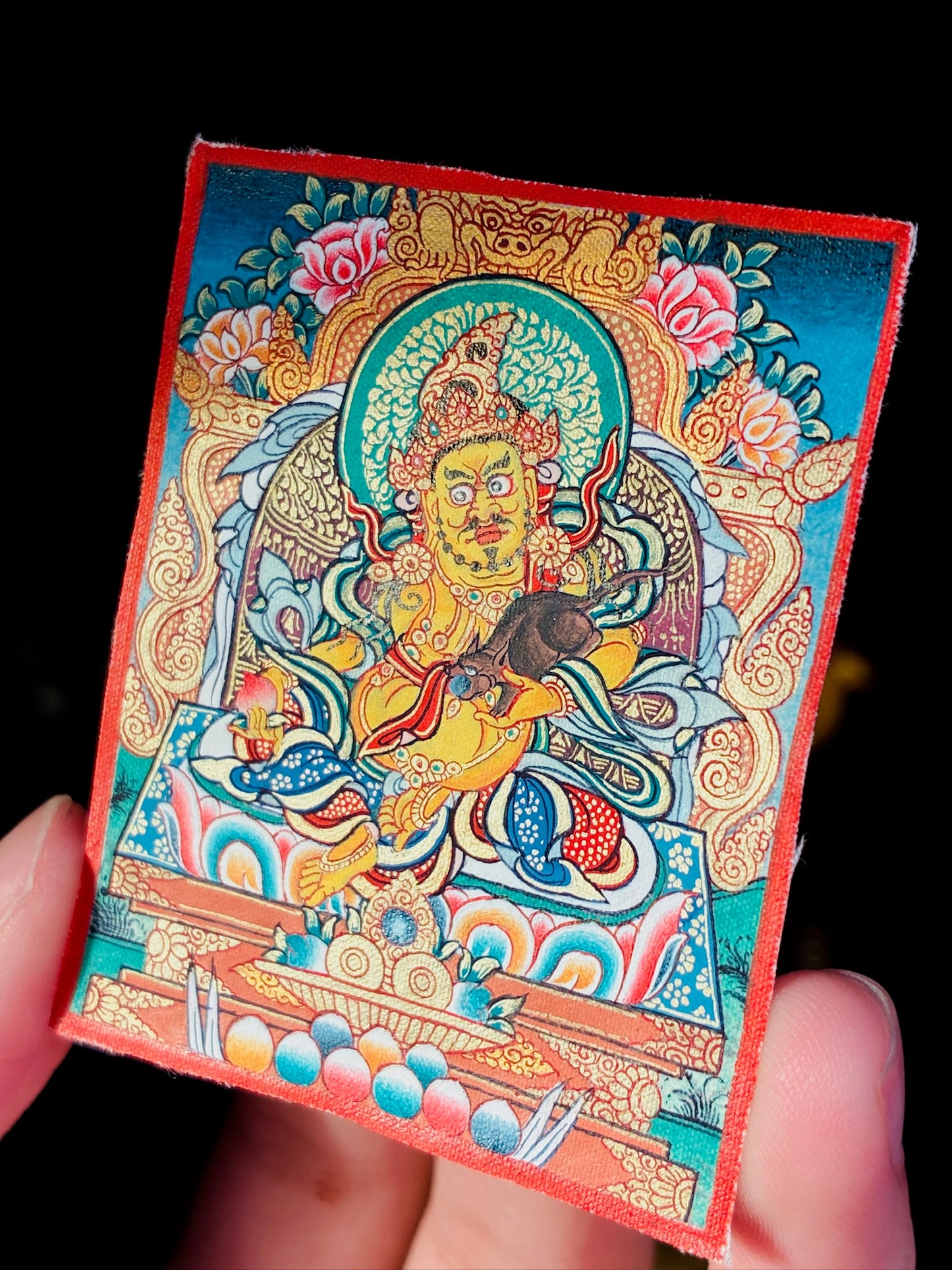 Yellow Jambhala Polychrome Miniature Thangka