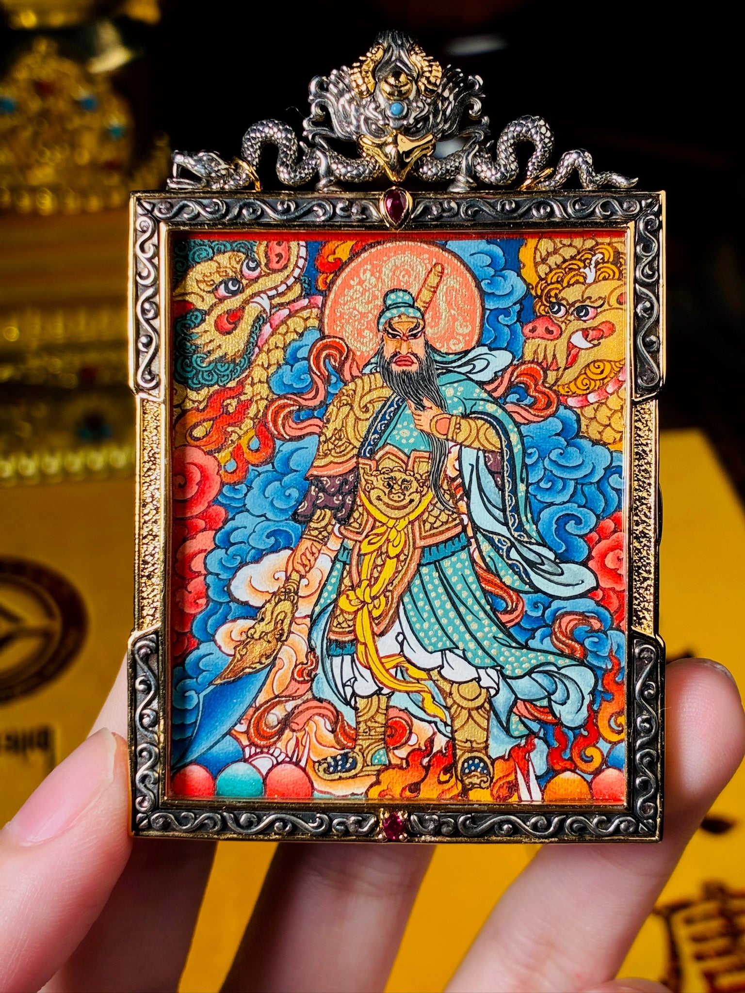 Guan Yu Double-Dragon Thangka Pendant