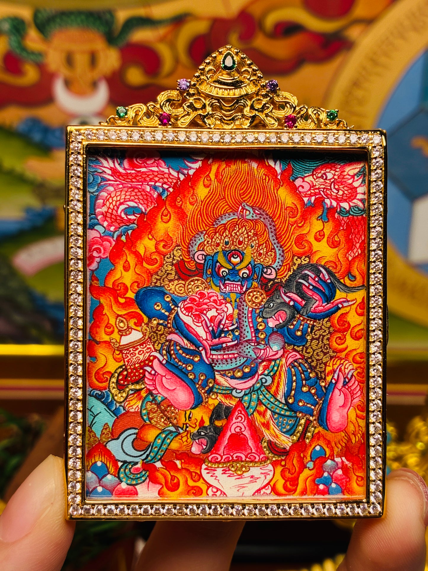 Black Jambhala Miniature Thangka | Flaming Wrathful Form