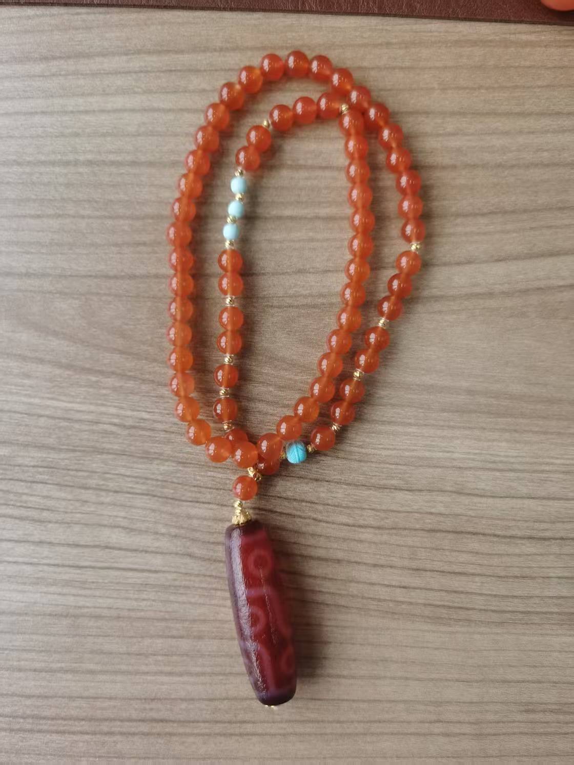 Nine-Eyed Dzi Treasure Necklace | Nanhong Agate & Turquoise Composition