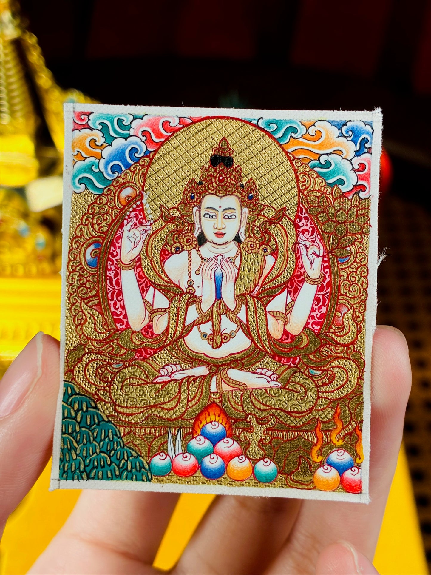 Four-Armed Avalokiteshvara Miniature Gold Thangka