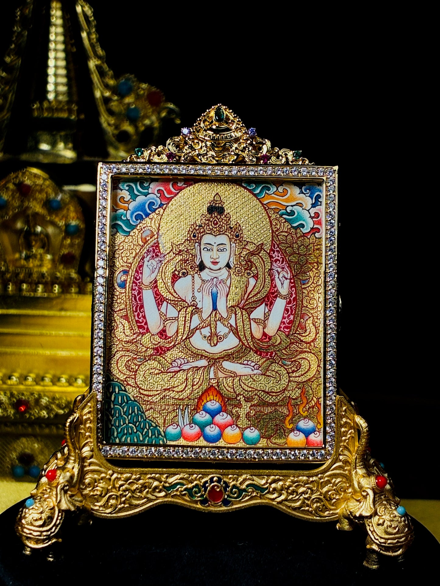 Four-Armed Avalokiteshvara Miniature Gold Thangka