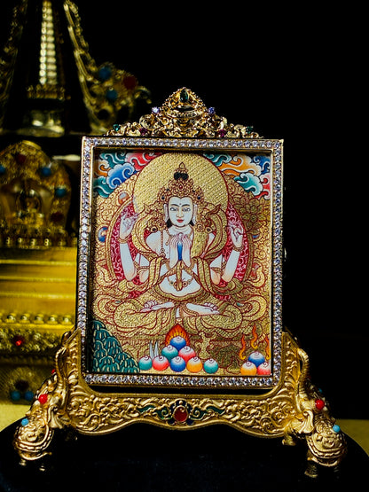 Four-Armed Avalokiteshvara Miniature Gold Thangka