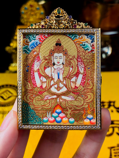 Four-Armed Avalokiteshvara Miniature Gold Thangka
