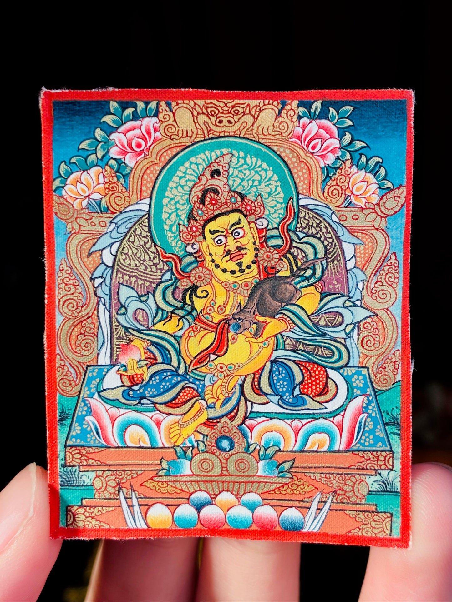 Yellow Jambhala Polychrome Miniature Thangka