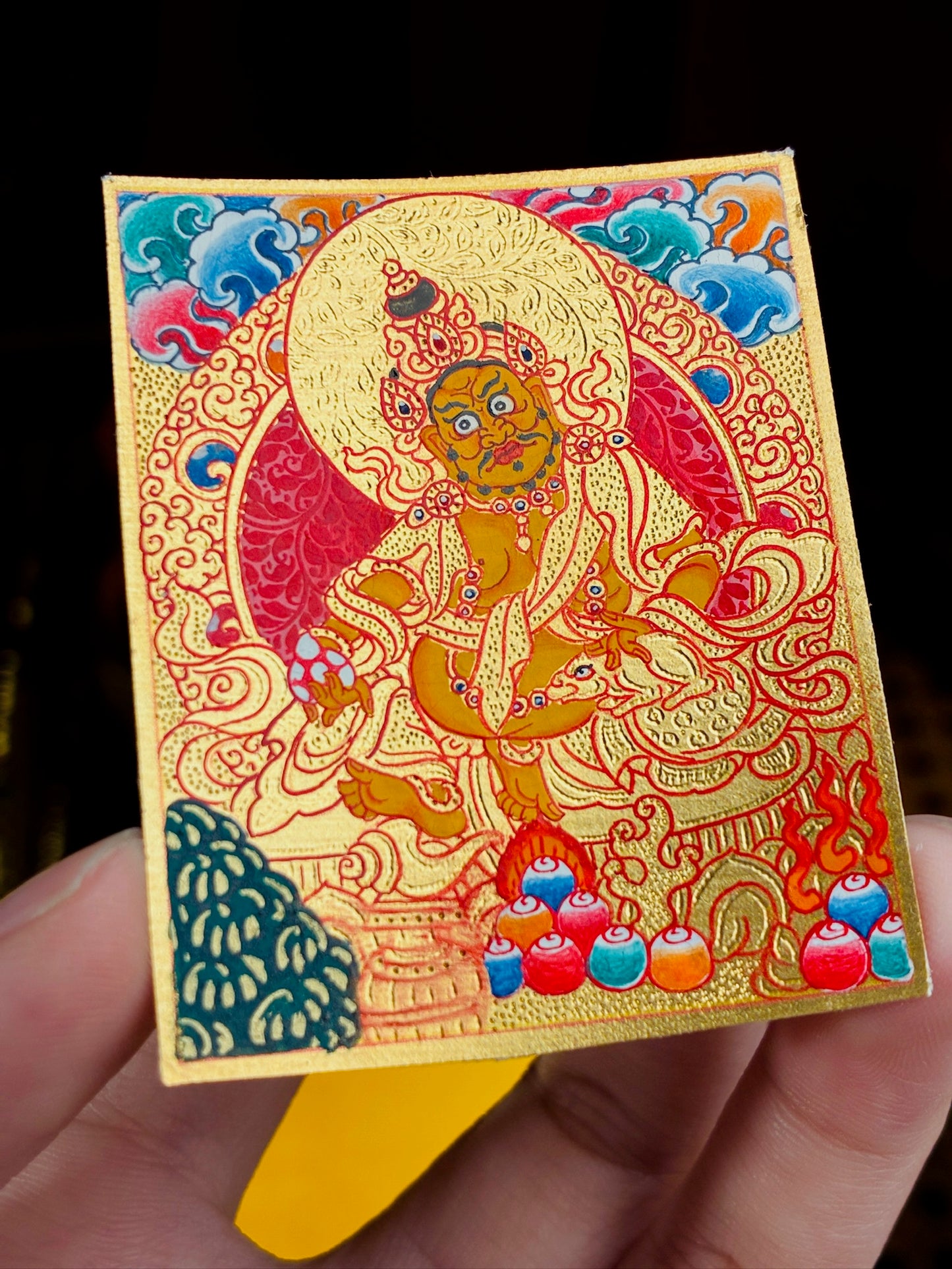 Yellow Jambhala Gold-Gilded Miniature Thangka
