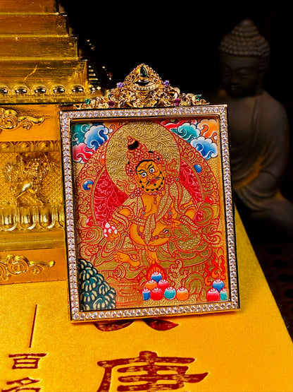 Yellow Jambhala Gold-Gilded Miniature Thangka
