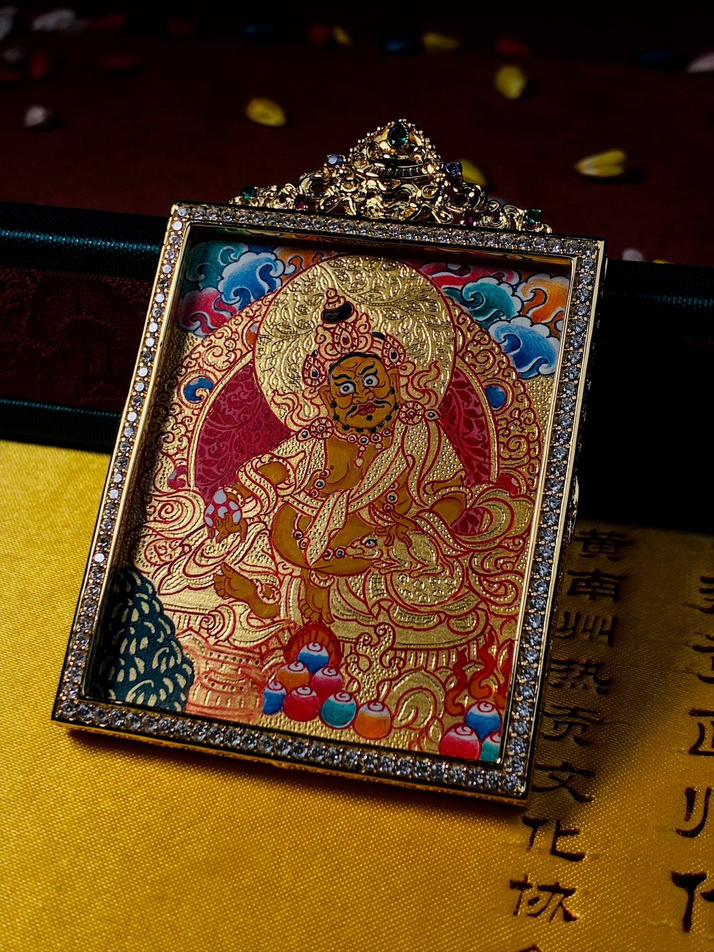 Yellow Jambhala Gold-Gilded Miniature Thangka