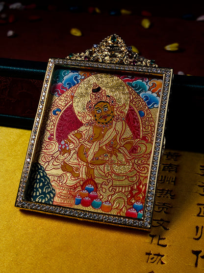Yellow Jambhala Gold-Gilded Miniature Thangka