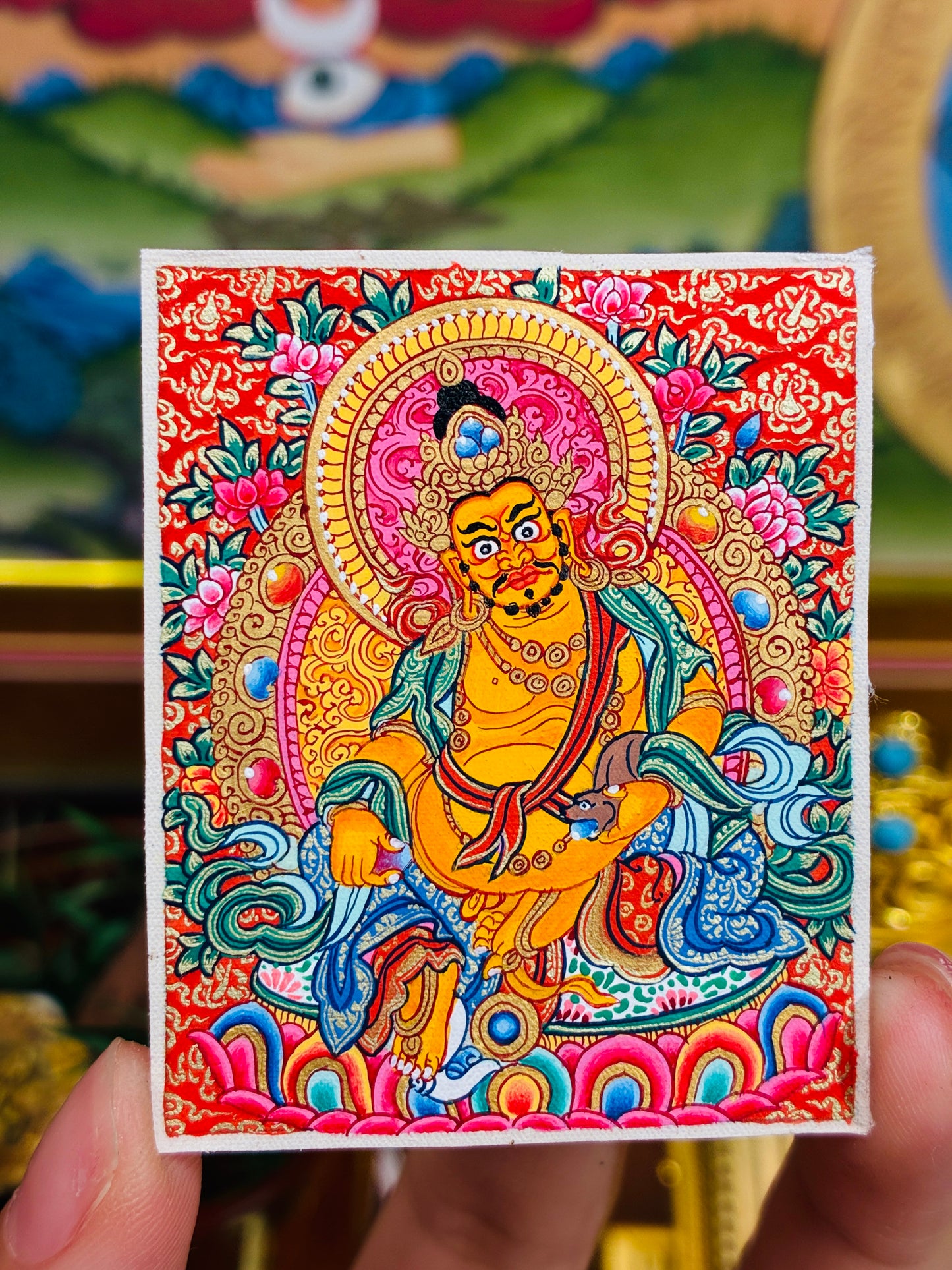 Red Ground Yellow Jambhala Miniature Thangka