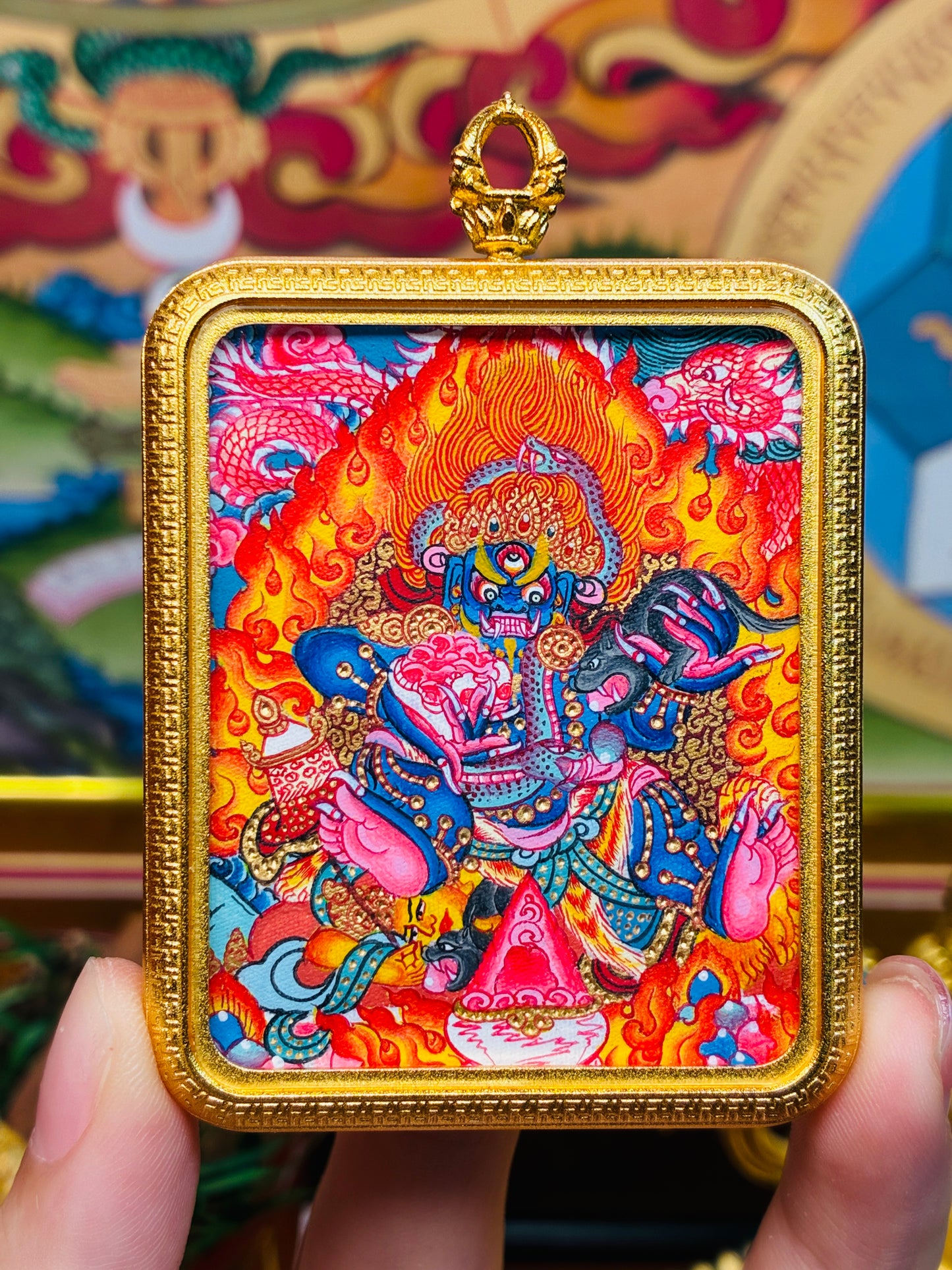 Black Jambhala Miniature Thangka | Flaming Wrathful Form