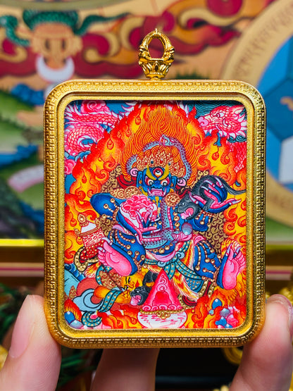 Black Jambhala Miniature Thangka | Flaming Wrathful Form