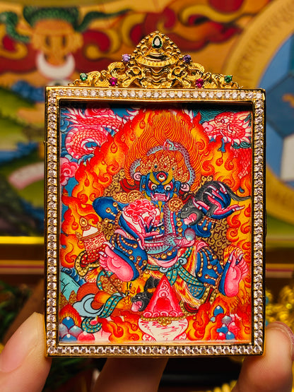 Black Jambhala Miniature Thangka | Flaming Wrathful Form