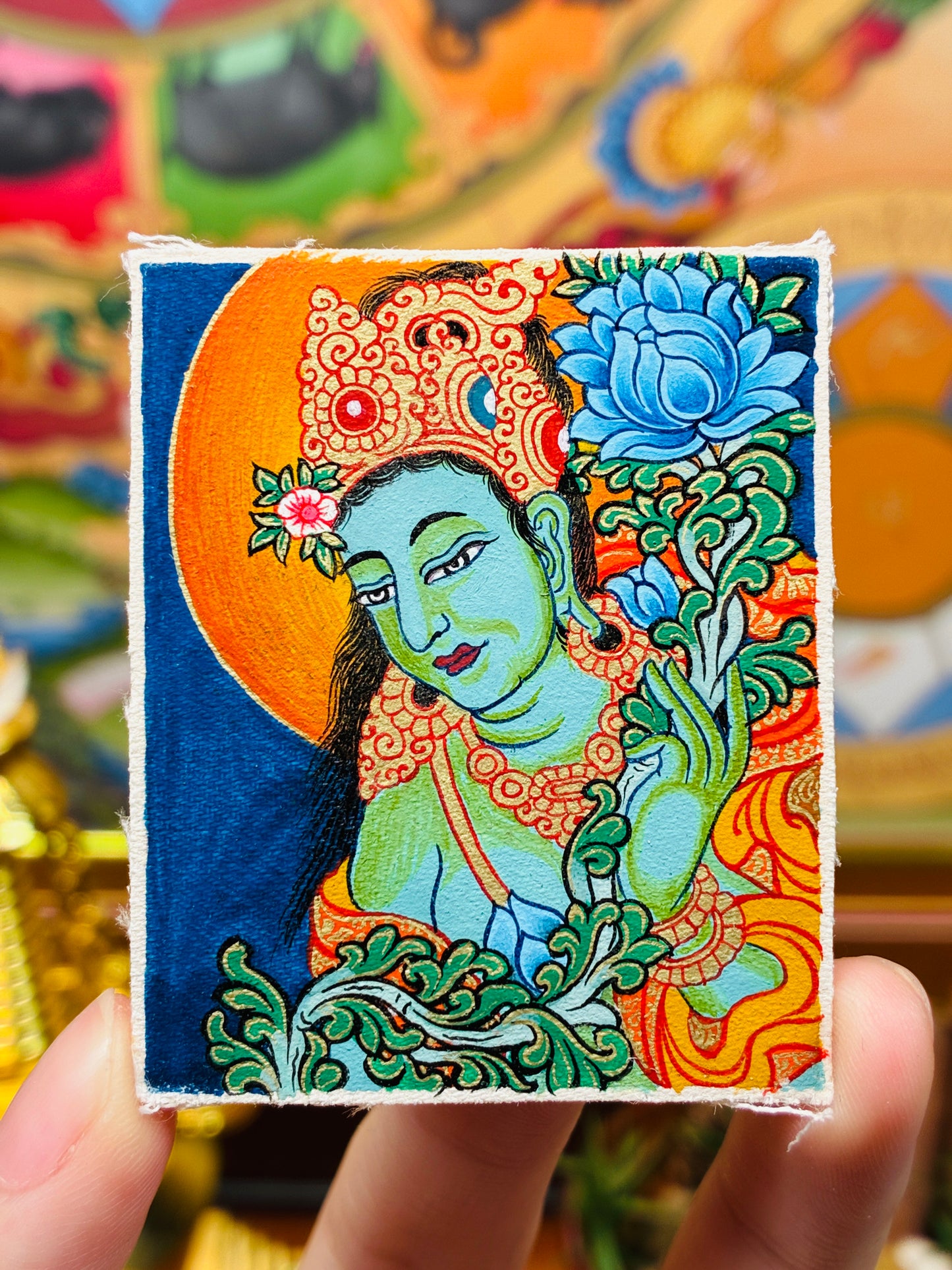 Handmade Green Tara Gilt-Copper Miniature Thangka