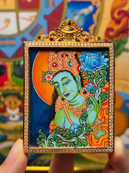 Handmade Green Tara Gilt-Copper Miniature Thangka